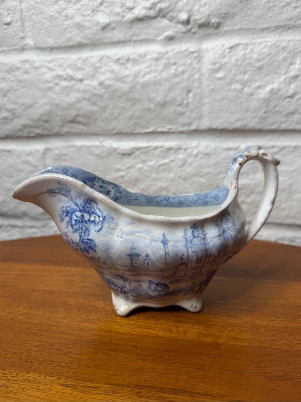 Antique Ridgways "Oriental" Gravy Boat: Blue Transferware Gold Trim